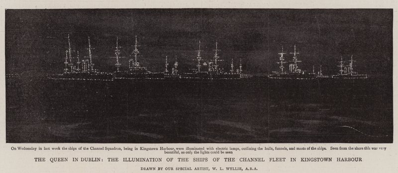 Królowa w Dublinie, iluminacja statków floty kanałowej w porcie Kingstown autorstwa William Lionel Wyllie