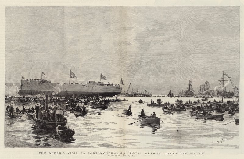 Wizyta królowej w Portsmouth, HMS Royal Arthur płynie po wodzie autorstwa William Lionel Wyllie