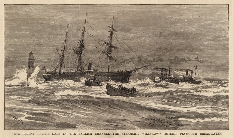 Ostatnia silna wichura w kanale La Manche, parowiec Hankow przed falochronem w Plymouth autorstwa William Lionel Wyllie