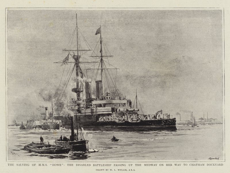 Salwowanie HMS Howe, Niepełnosprawny pancernik płynący w górę Medway w drodze do stoczni Chatham autorstwa William Lionel Wyllie