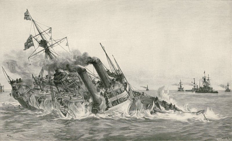 Zatonięcie HMS Victoria po zderzeniu z HMS Camperdown autorstwa William Lionel Wyllie
