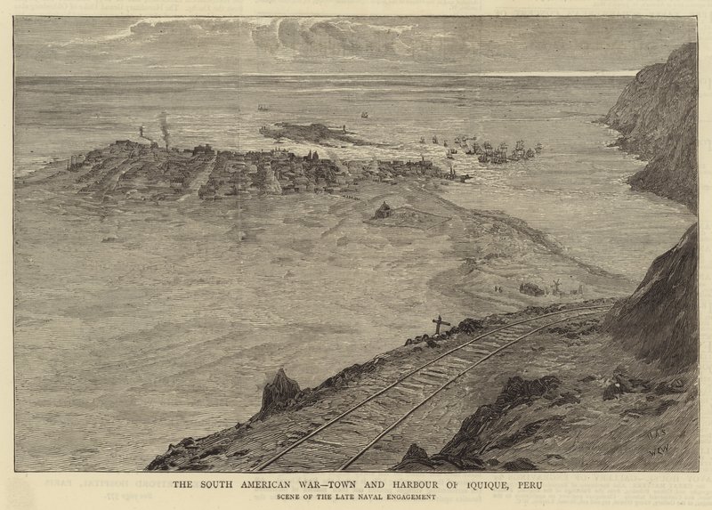 Wojna południowoamerykańska, miasto i port w Iquique, Peru autorstwa William Lionel Wyllie