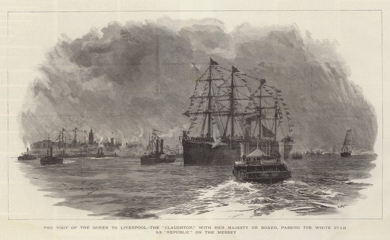 Wizyta Królowej w Liverpoolu, The Claughton, z Jej Wysokością na pokładzie, mijając Republikę Białej Gwiazdy SS na Mersey autorstwa William Lionel Wyllie
