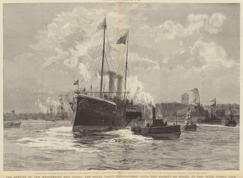 Otwarcie kanału Manchester Ship Canal, Królewskiej Czarodziejki Jachtów z Jej Wysokością na pokładzie, w Mode Wheel Lock autorstwa William Lionel Wyllie