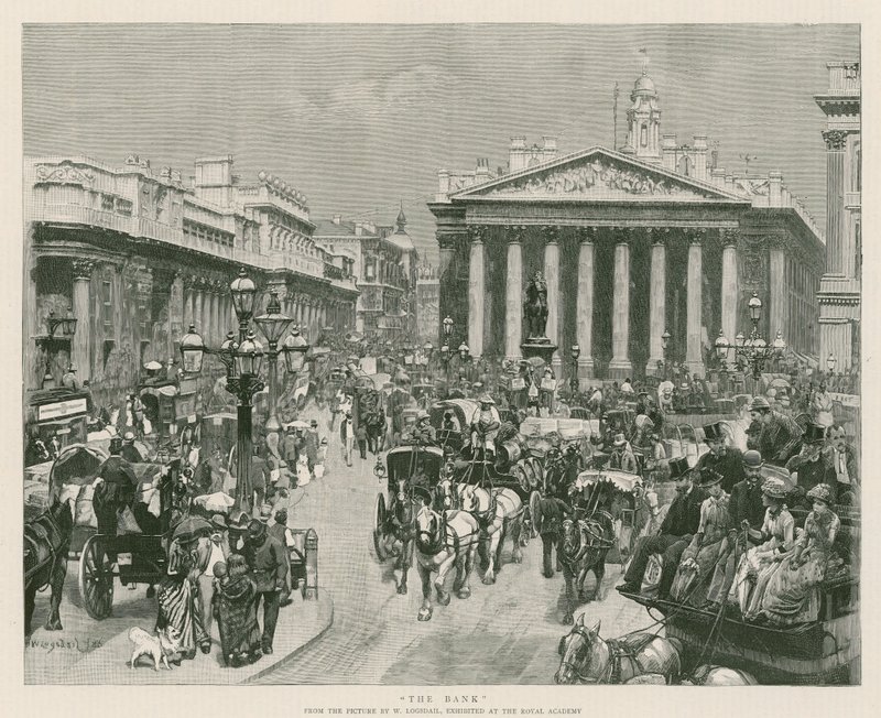 Bank, z obrazu W Logsdail, wystawiony w Royal Academy (rycina) autorstwa William Logsdail