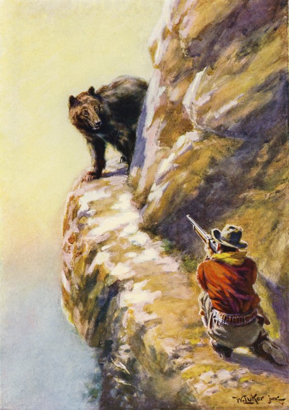 Konfrontacja człowieka z niedźwiedziem na wąskiej półce górskiej (kolor lito) autorstwa William Luker