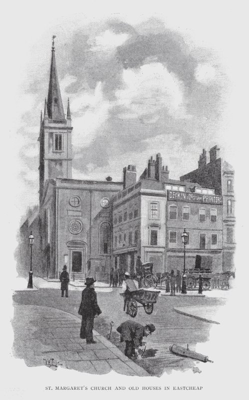 Kościół św Małgorzaty i stare domy w Eastcheap (lito) autorstwa William Luker