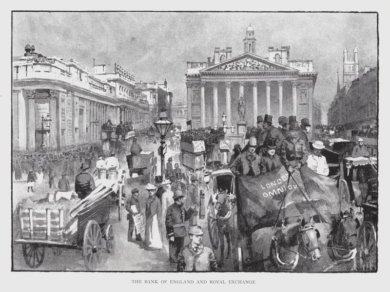 Bank Anglii i Royal Exchange (lito) autorstwa William Luker