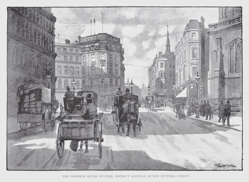 Stacja Mansion House, District Railway, Queen Victoria Street (lito) autorstwa William Luker
