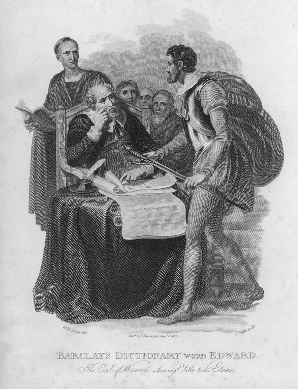 Słownik Barclays, słowem: Edward, hrabia Warren pokazujący tytuły do swoich posiadłości (rycina) autorstwa William Marshall (after) Craig