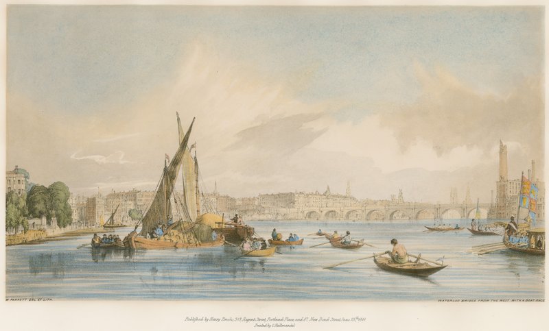 Most Waterloo, z zachodu, z wyścigiem łodzi autorstwa William Parrott
