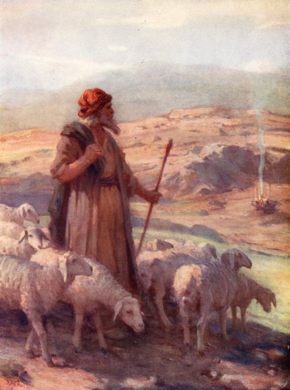 Mojżesz i płonący krzew, Księga Wyjścia III, 2 (kolorowa litografia) autorstwa William Pratt