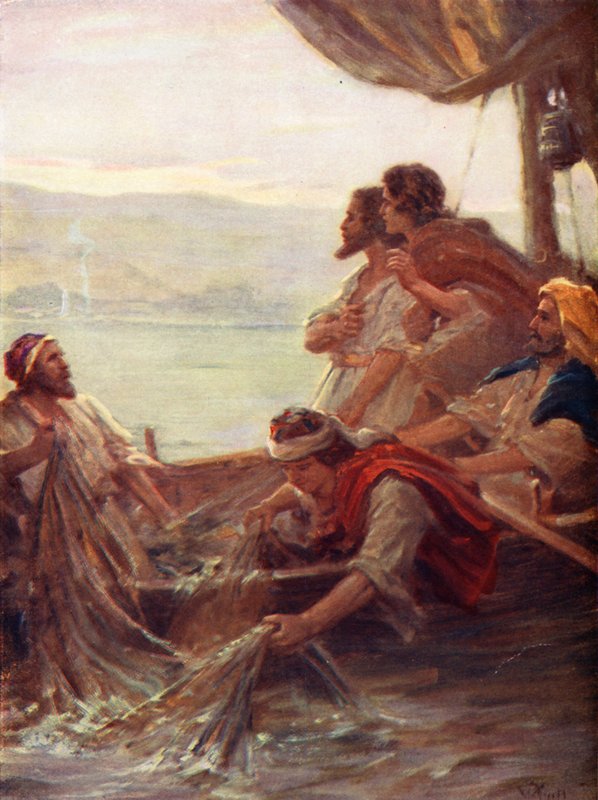 Poranek nad Morzem Tyberiadzkim, Jan xxi, 4-6 (kolorowa litografia) autorstwa William Pratt