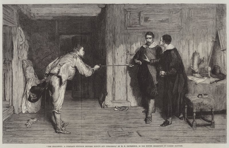 Wyzwanie, walka purytanina między honorem a sumieniem autorstwa William Quiller Orchardson