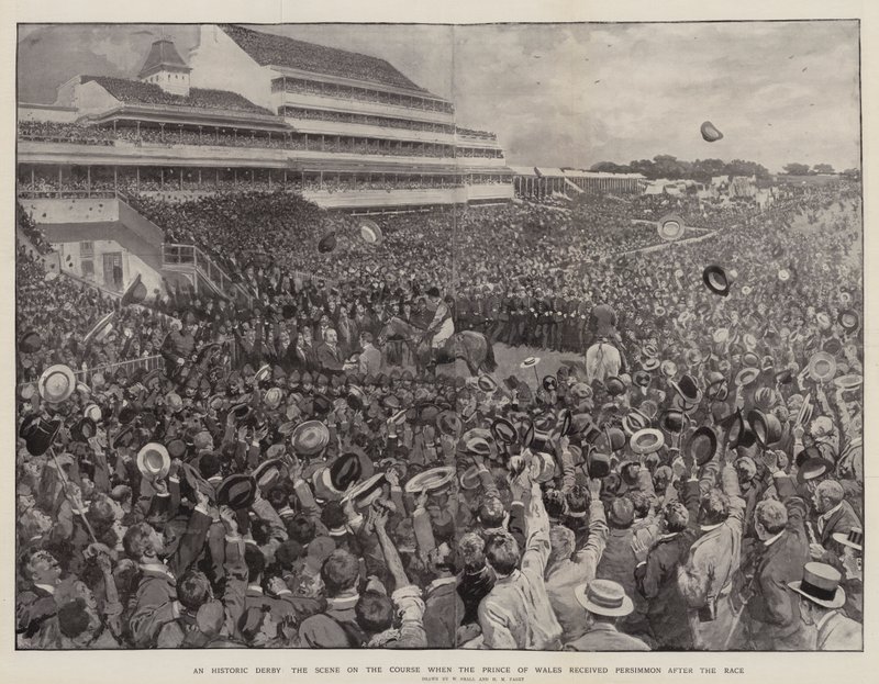 Historyczne derby, scena na trasie, kiedy książę Walii otrzymał Persimmon po wyścigu autorstwa William Small