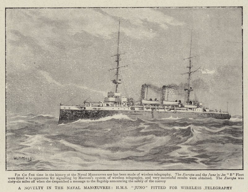 Nowość w manewrach morskich, H M S Juno przystosowana do telegrafii bezprzewodowej autorstwa William T. Maud