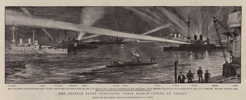 Flota Rezerwowa ćwiczy swoje światła poszukiwawcze w Torbay. autorstwa William T. Maud