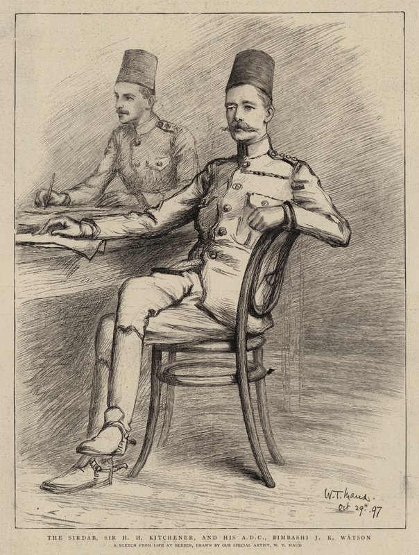 Sirdar, Sir H H Kitchener i jego ADC, Bimbashi J K Watson (lito) autorstwa William T. Maud