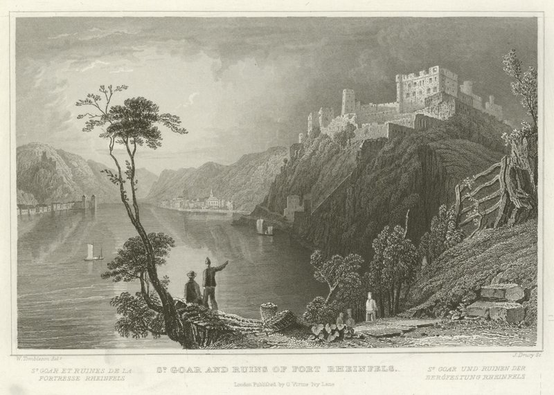 St Goar i ruiny fortu Rheinfels autorstwa William Tombleson