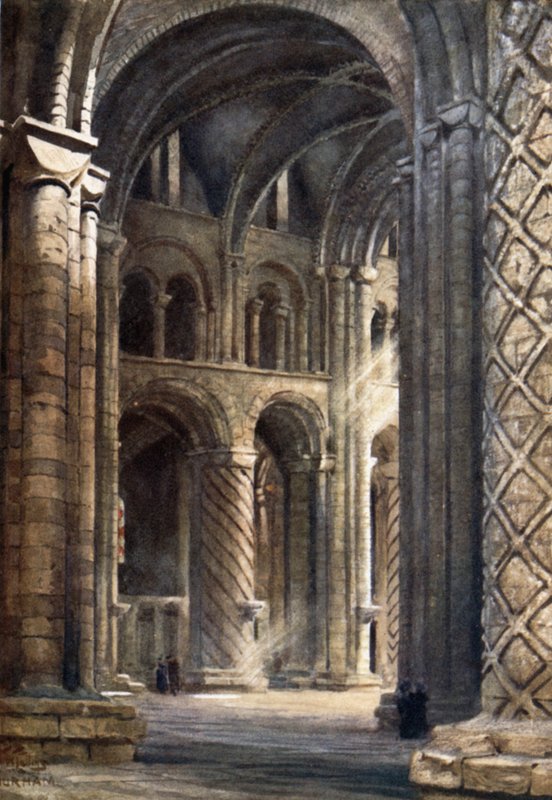 Durham, wnętrze katedry patrzące przez nawę na południowy transept (kolor lito) autorstwa William Wiehe Collins