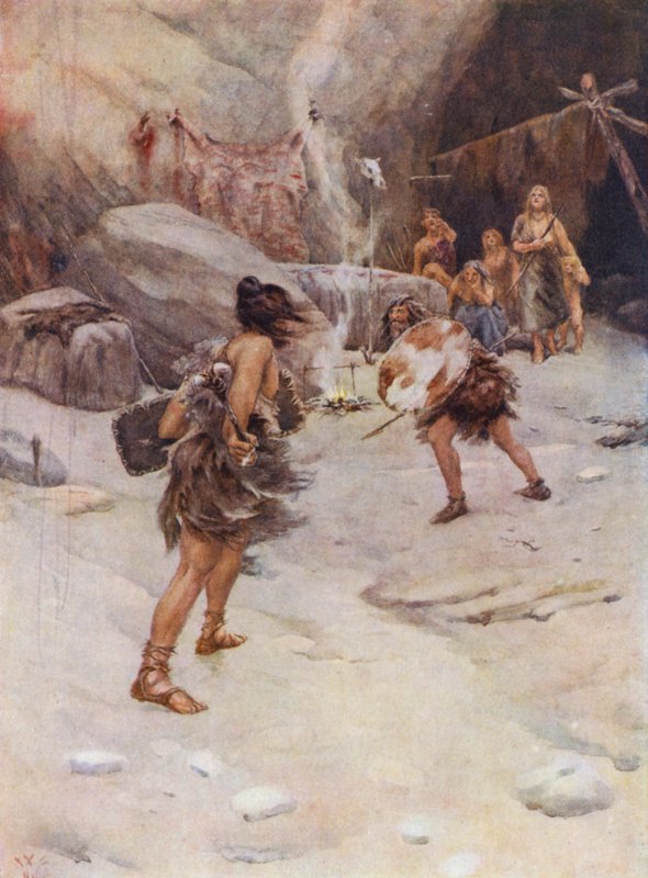 Człowiek prehistoryczny (kolorowa litografia) autorstwa William Wiehe Collins