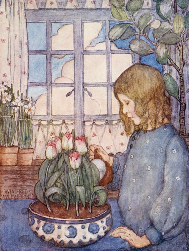 Księga ogrodnictwa dla dzieci: Ogród w pokoju na wiosnę (kolorowa litografia) autorstwa Winifred Cayley Robinson