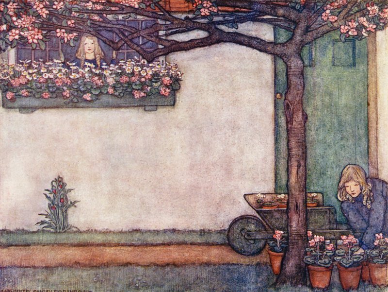 Księga ogrodnictwa dla dzieci: Ogród z oknem (kolorowa litografia) autorstwa Winifred Cayley Robinson