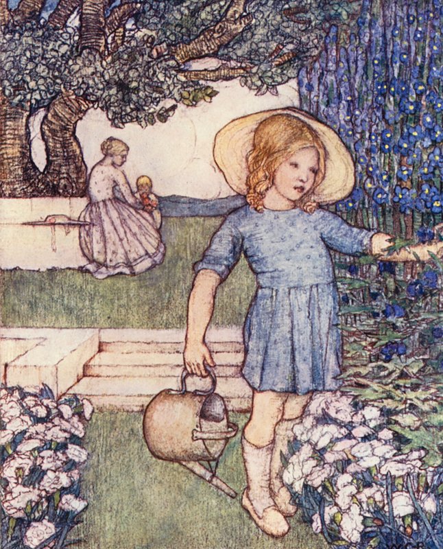Księga ogrodnictwa dla dzieci: Skowronki i róże (kolorowa litografia) autorstwa Winifred Cayley Robinson