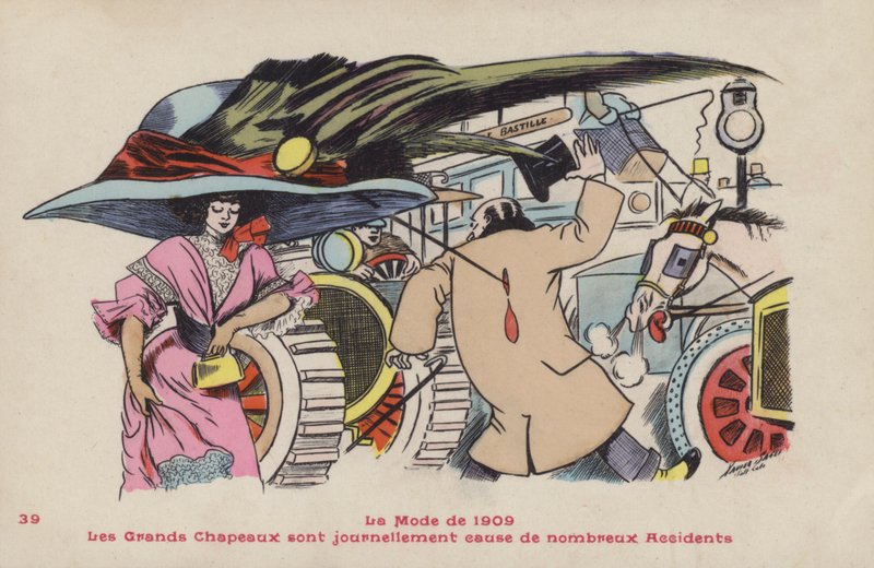 Pocztówka satyryzująca niebezpieczeństwa związane z dużymi kapeluszami i związanymi z nimi szpilkami do kapeluszy - moda 1909 autorstwa Xavier Sager