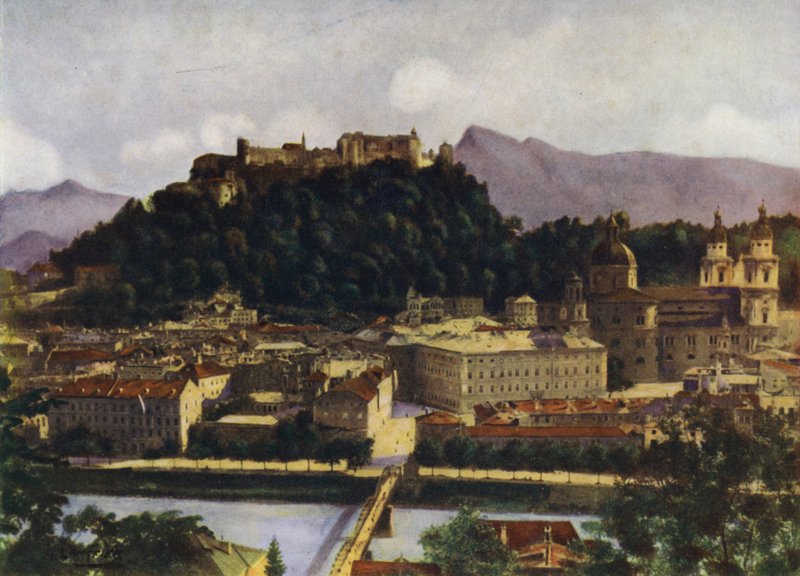 Widok na Salzburg i Hohen-Salzburg, Austria autorstwa after A. Langfier