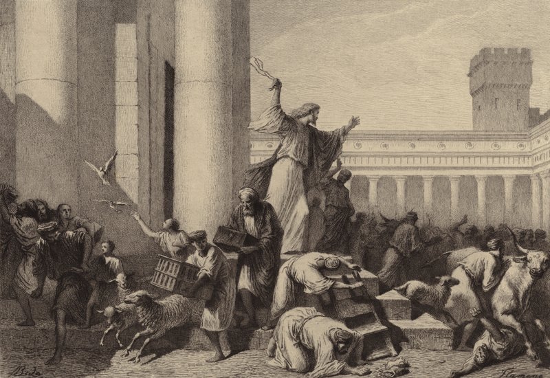 Jezus wypędzający Zmieniaczy Pieniądza ze Świątyni autorstwa after Albert Robida