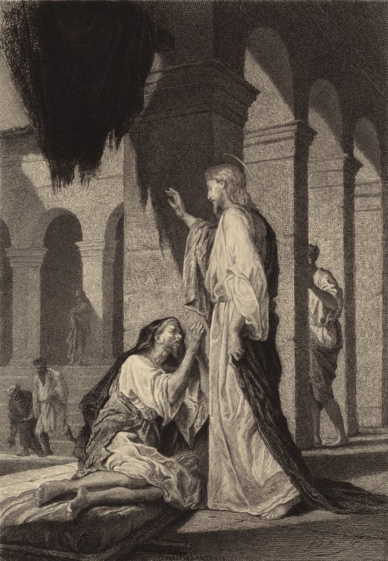 Bezsilny człowiek przy sadzawce Bethesda autorstwa after Albert Robida
