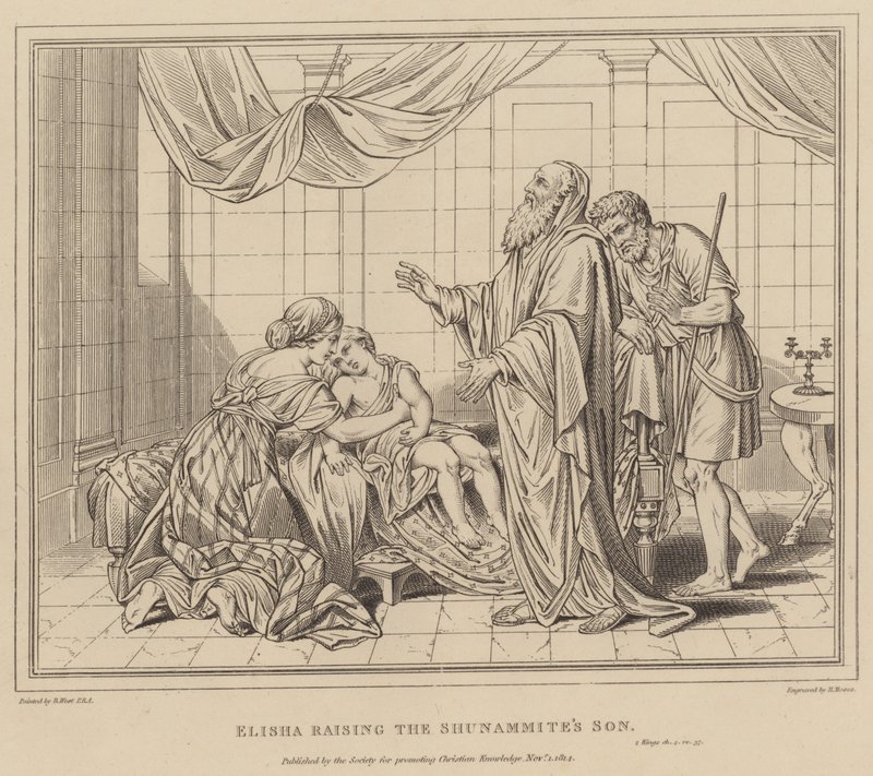 Elizeusz wskrzesił syna Szunamitów, 2 królów autorstwa after Benjamin West