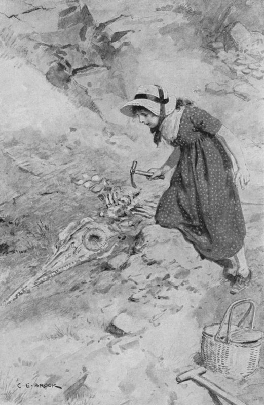 W Lyme Regis Mary Anning, lat 12, natknęła się na pierwszego ichtiozaura znalezionego w Anglii autorstwa after Charles Edmund Brock