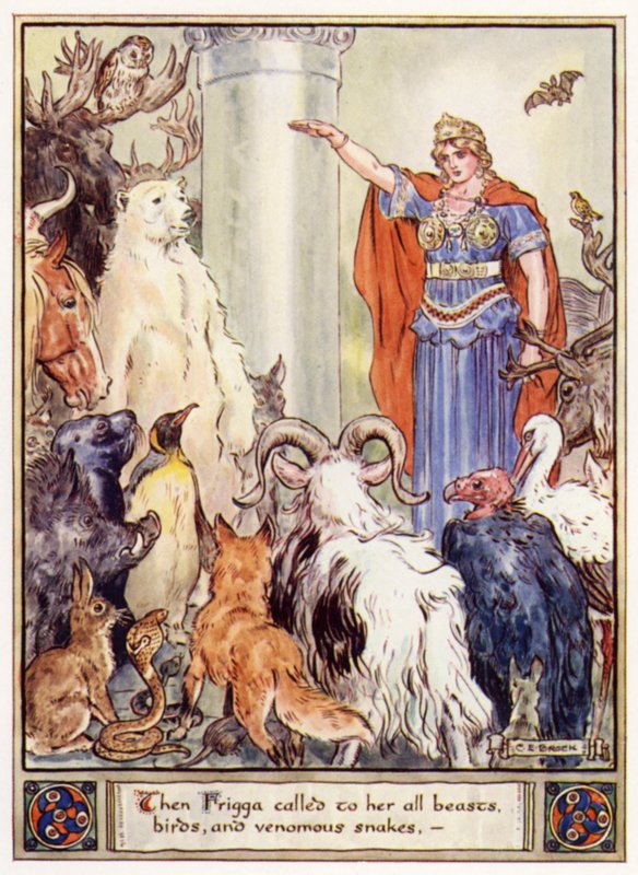 Wtedy Frigga przywołała do siebie wszystkie zwierzęta, ptaki i jadowite węże autorstwa after Charles Edmund Brock