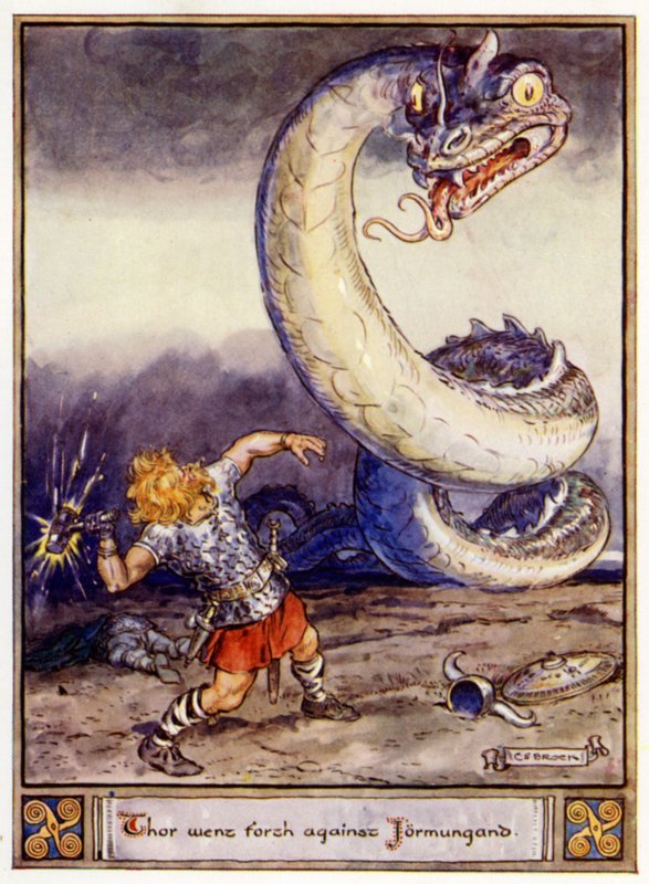Thor wyruszył przeciwko Jormungandowi autorstwa after Charles Edmund Brock