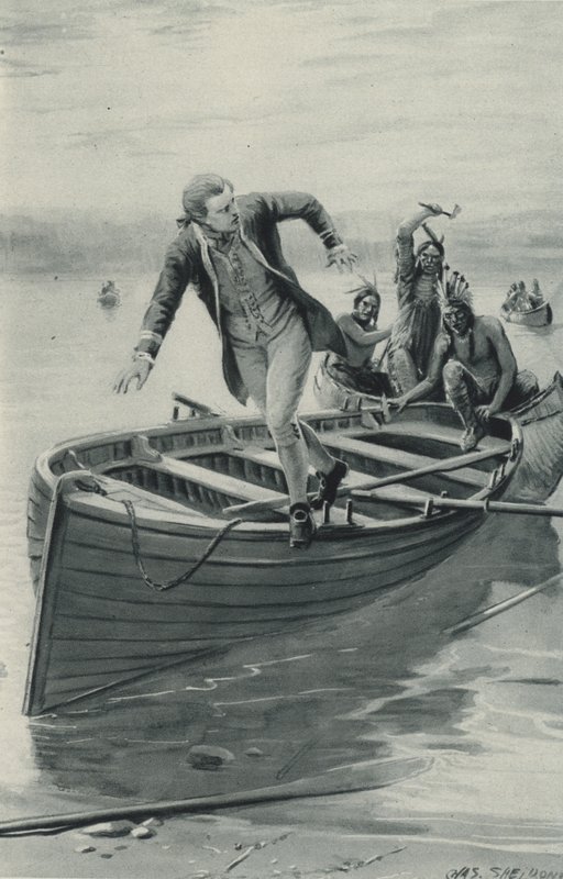 Kapitan James Cook wyskakuje ze swojej łodzi, gdy Czerwoni Indianie wskakują do środka autorstwa after Charles Mills Sheldon