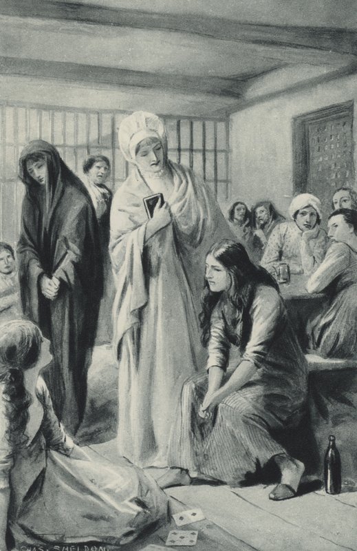 Elizabeth Fry swobodnie wchodzi i wychodzi z lochów Newgate autorstwa after Charles Mills Sheldon