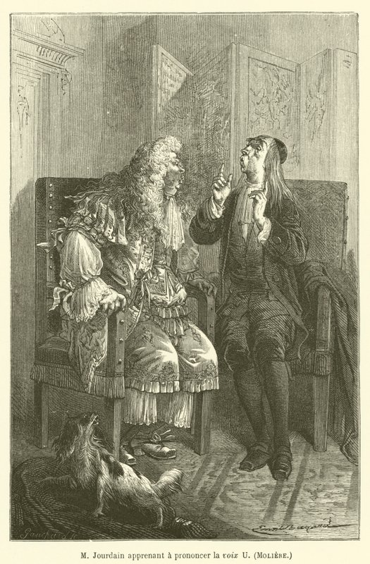 M Jourdain uczy się wymawiać głos U, Moliere autorstwa after Emile Antoine Bayard