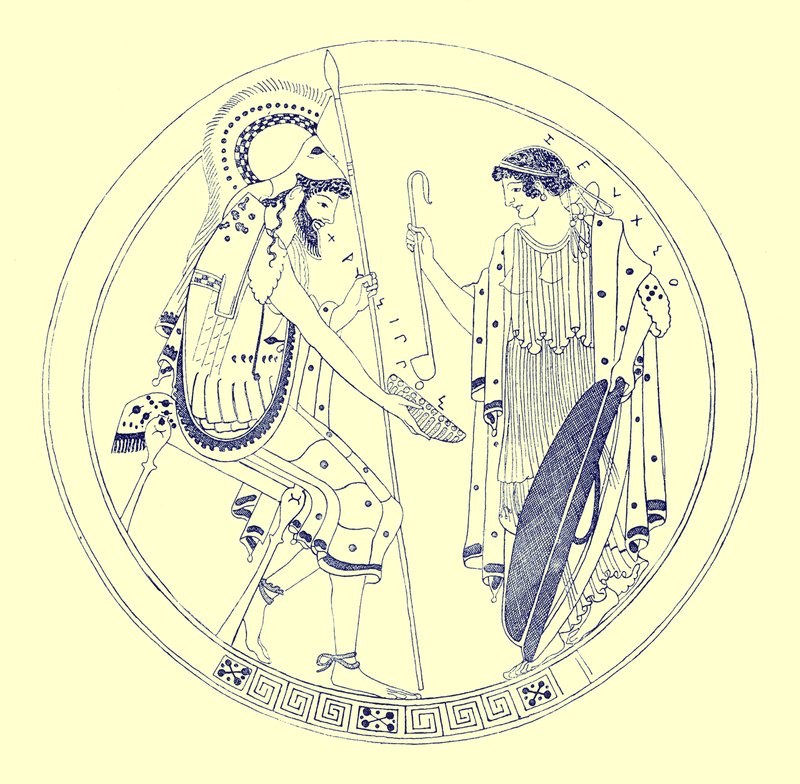 Siedzący wojownik trzyma swój kielich z winem, ilustracja z greckich obrazów wazonowych autorstwa J.E. Harrisona i D.S. MacColla, opublikowanych w 1894 r. (obraz ulepszony cyfrowo) autorstwa after English School