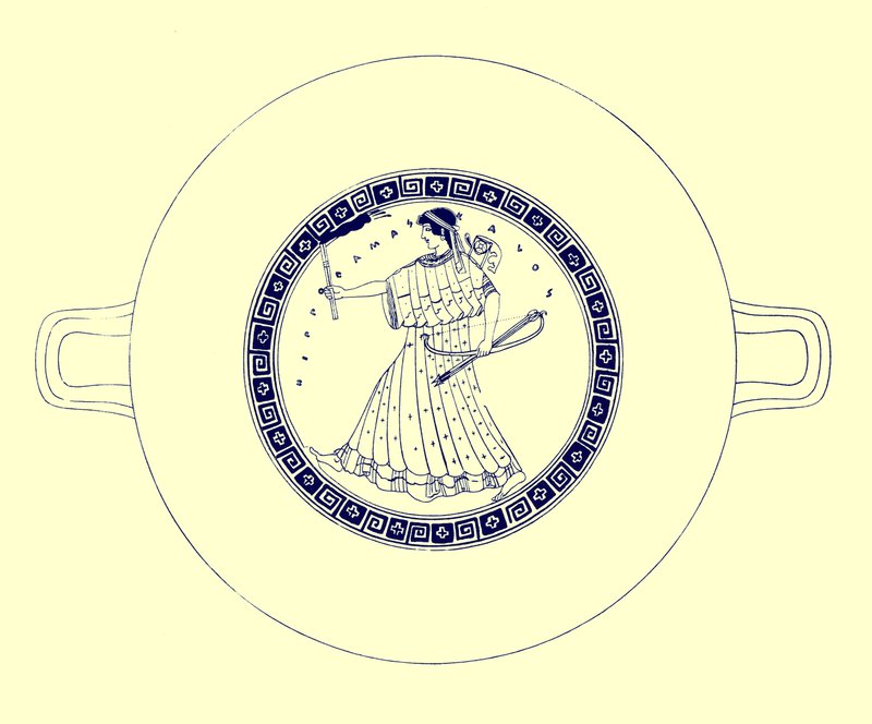 Artemida z łukiem, strzałą i pochodnią, ilustracja z greckich obrazów wazonowych autorstwa J. E. Harrisona i D. S. MacColla, opublikowana w 1894 r. (obraz ulepszony cyfrowo) autorstwa after English School