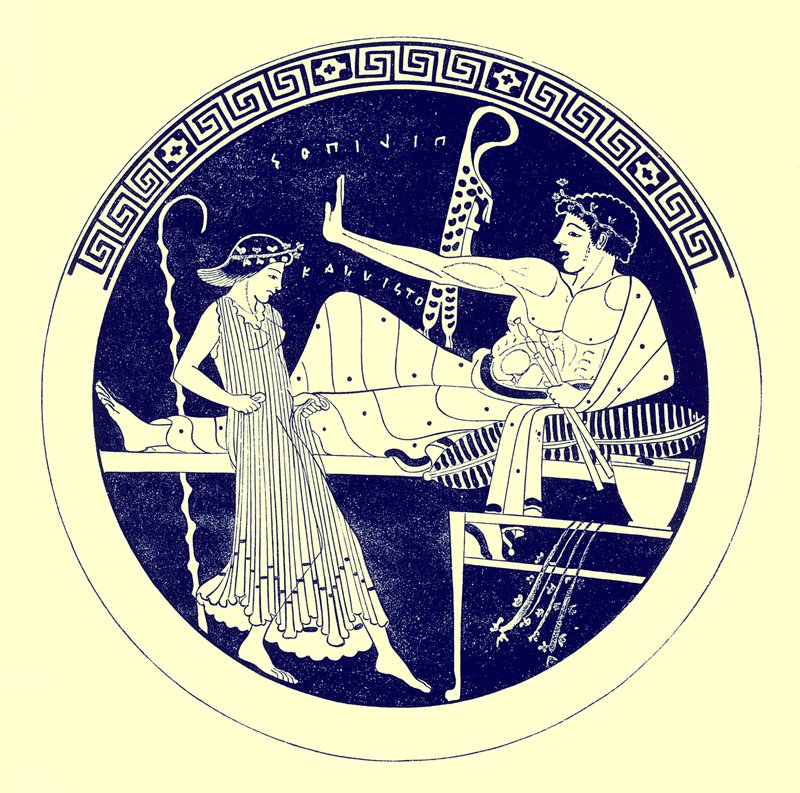 Tańcząca dziewczyna i ucztująca młodzież, ilustracja z greckich obrazów wazonowych autorstwa J. E. Harrisona i D. S. MacColla, opublikowana w 1894 r. (obraz ulepszony cyfrowo) autorstwa after English School