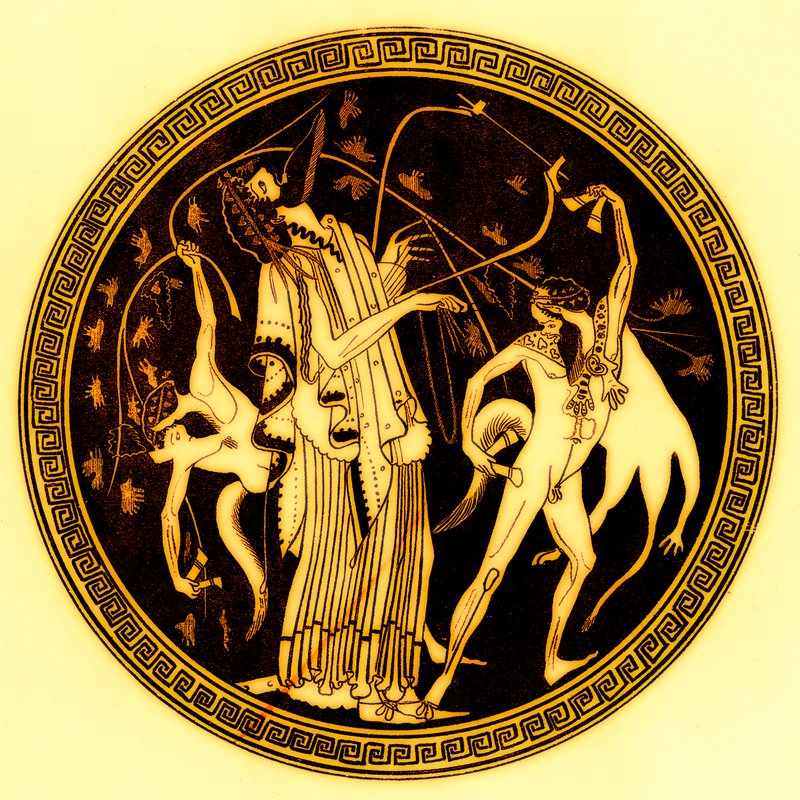 Dionizos i satyry, ilustracja z greckich obrazów wazonowych autorstwa J.E. Harrisona i D.S. MacColla, opublikowana w 1894 r. (obraz ulepszony cyfrowo) autorstwa after English School