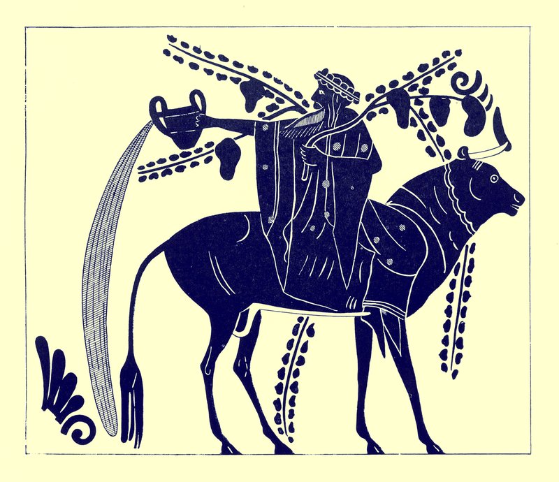 Dionizos jadący na byku, ilustracja z greckich obrazów wazonowych autorstwa J.E. Harrisona i D.S. MacColla, opublikowana w 1894 r. (obraz ulepszony cyfrowo) autorstwa after English School