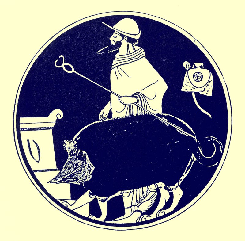 Hermes i pies w masce, ilustracja z greckich obrazów wazonowych autorstwa J. E. Harrisona i D. S. MacColla, opublikowana w 1894 r. (obraz ulepszony cyfrowo) autorstwa after English School
