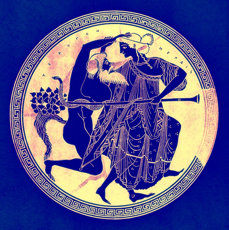 Satyr and Maenad, ilustracja z greckich obrazów wazonowych autorstwa J.E. Harrisona i D.S. MacColla, opublikowana w 1894 r. (obraz ulepszony cyfrowo) autorstwa after English School