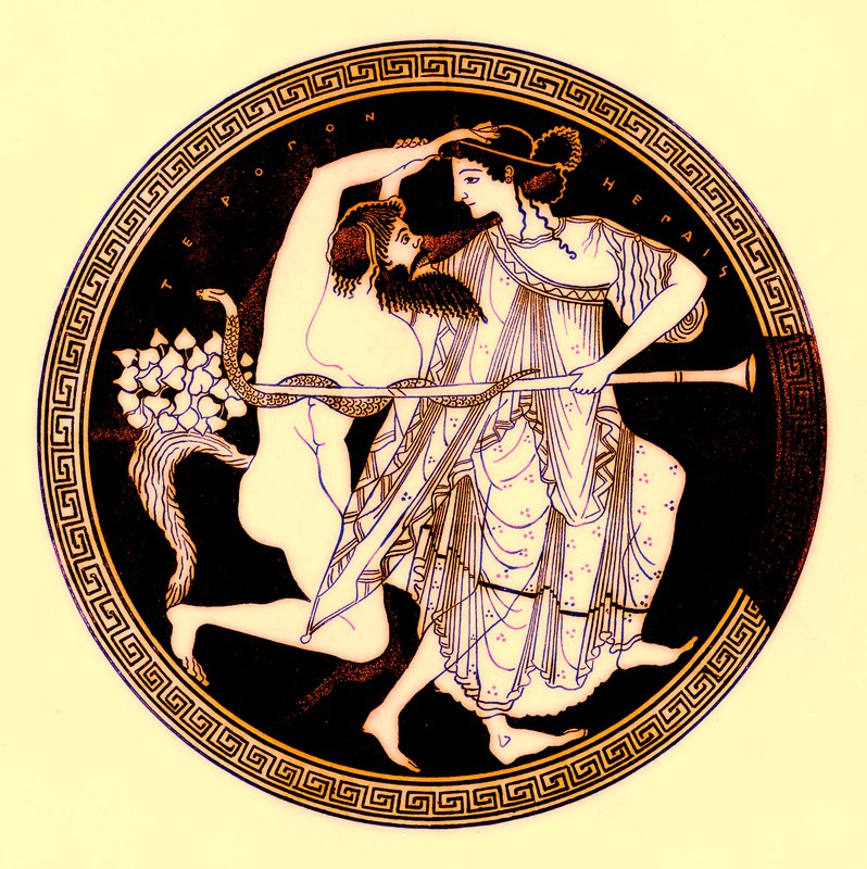 Satyr and Maenad, ilustracja z greckich obrazów wazonowych autorstwa J.E. Harrisona i D.S. MacColla, opublikowana w 1894 r. (obraz ulepszony cyfrowo) autorstwa after English School
