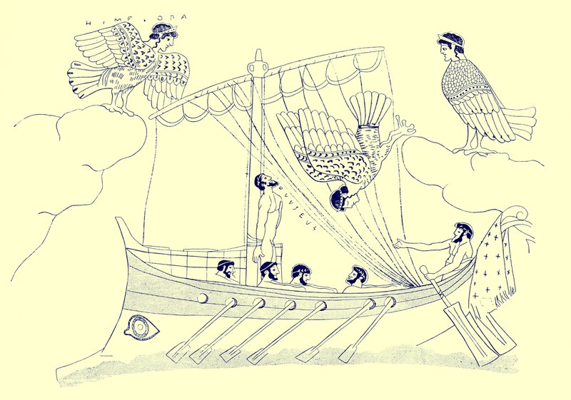 Ulisses and the Sirens, ilustracja z greckich obrazów wazonowych autorstwa J.E. Harrisona i D.S. MacColla, opublikowana w 1894 r. (obraz ulepszony cyfrowo) autorstwa after English School