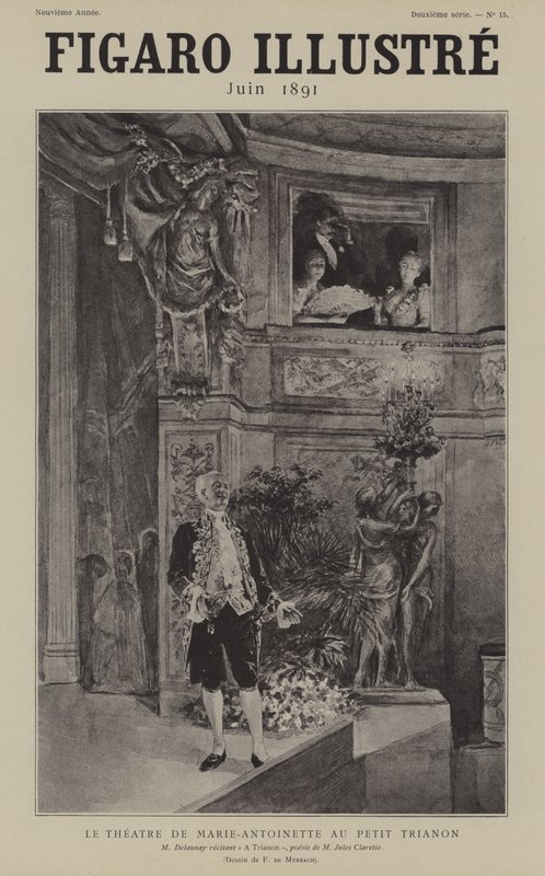 Francuski aktor Louis Arsene Delaunay recytujący wiersz Jules Clareties A Trianon w Theatre de Marie Antoinette w Petit Trianon, Wersal autorstwa after Felicien baron de Myrbach Rheinfeld