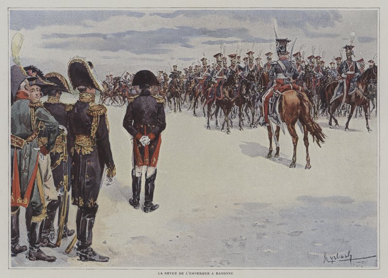 Napoleon dokonujący przeglądu oddziałów polskiego lekkiego konia pod Bayonne autorstwa after Felicien baron de Myrbach Rheinfeld